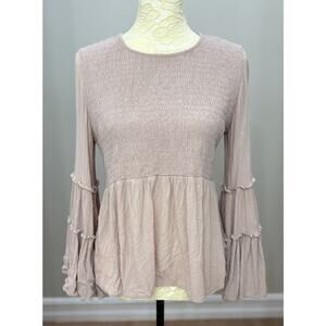 Y2K American Eagle Smocked Top Medium Babydoll Bell‎ Sleeve Fairy Peasant Pink